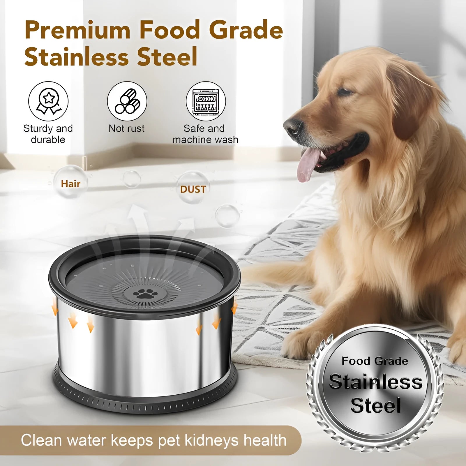 Stainless steel large capacity pet water bowl with non-slip base in black, 2.5L capacity