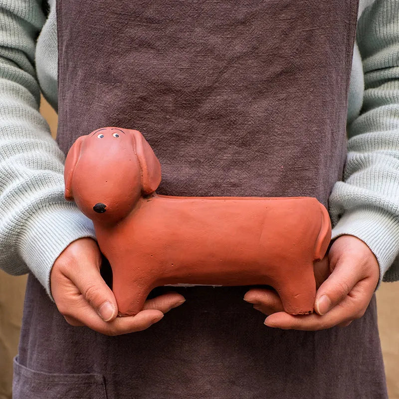 Cement sausage dog flower pot medium floor planter 15x20.5x10cm with drainage hole