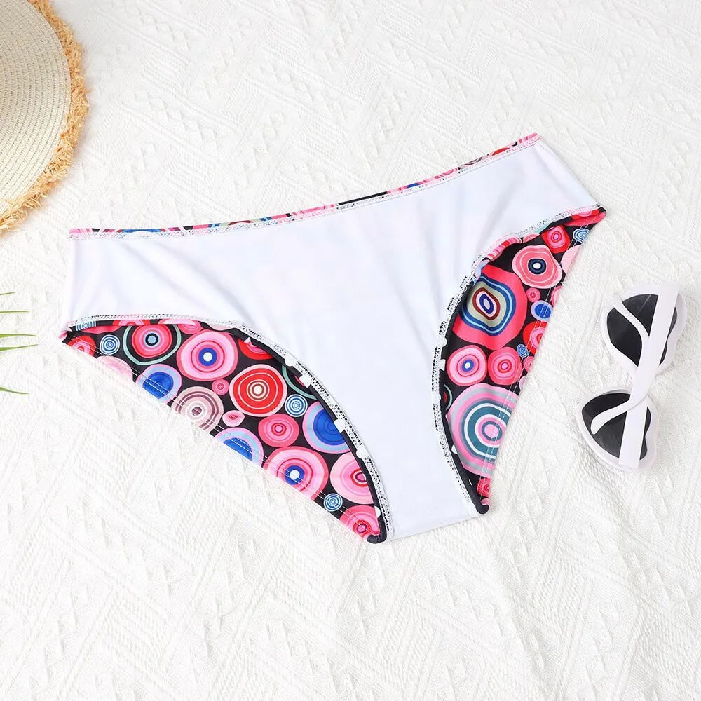 Women's printed high waist split bikini suit in striped pattern, quick-drying polyester spandex