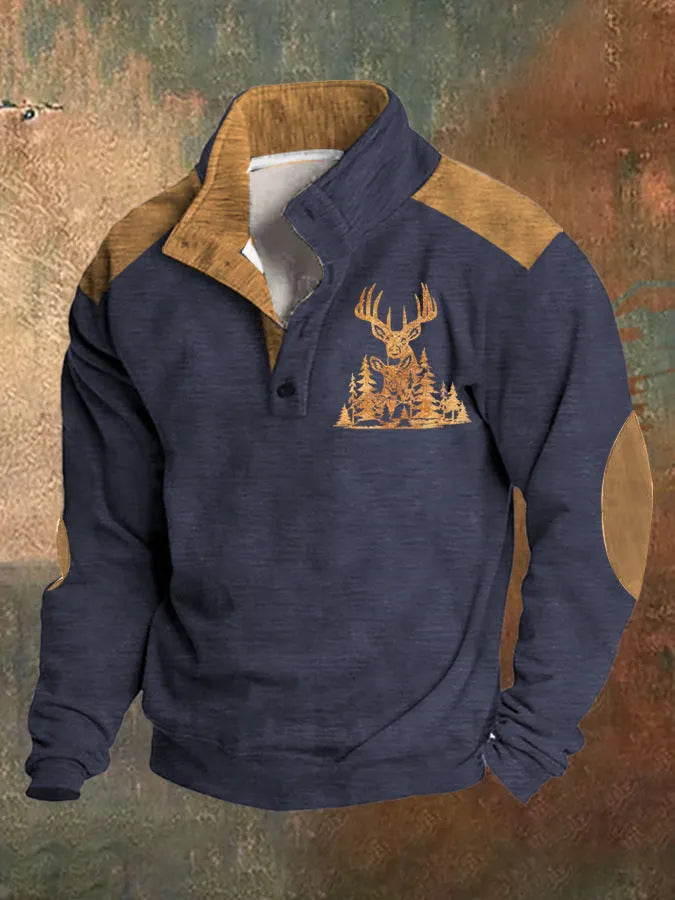 Loose fit long sleeve sweater with a 3D digital printed pattern and a four-button placket front.
