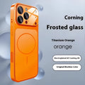 Frosted tempered glass phone case with magnetic suction in black, orange, or titanium grey for iPhone 13 to 17 Pro Max