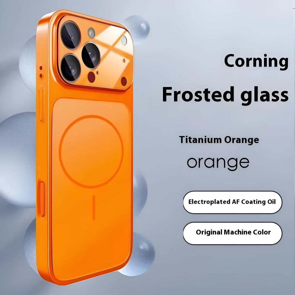 Frosted tempered glass phone case with magnetic suction in black, orange, or titanium grey for iPhone 13 to 17 Pro Max