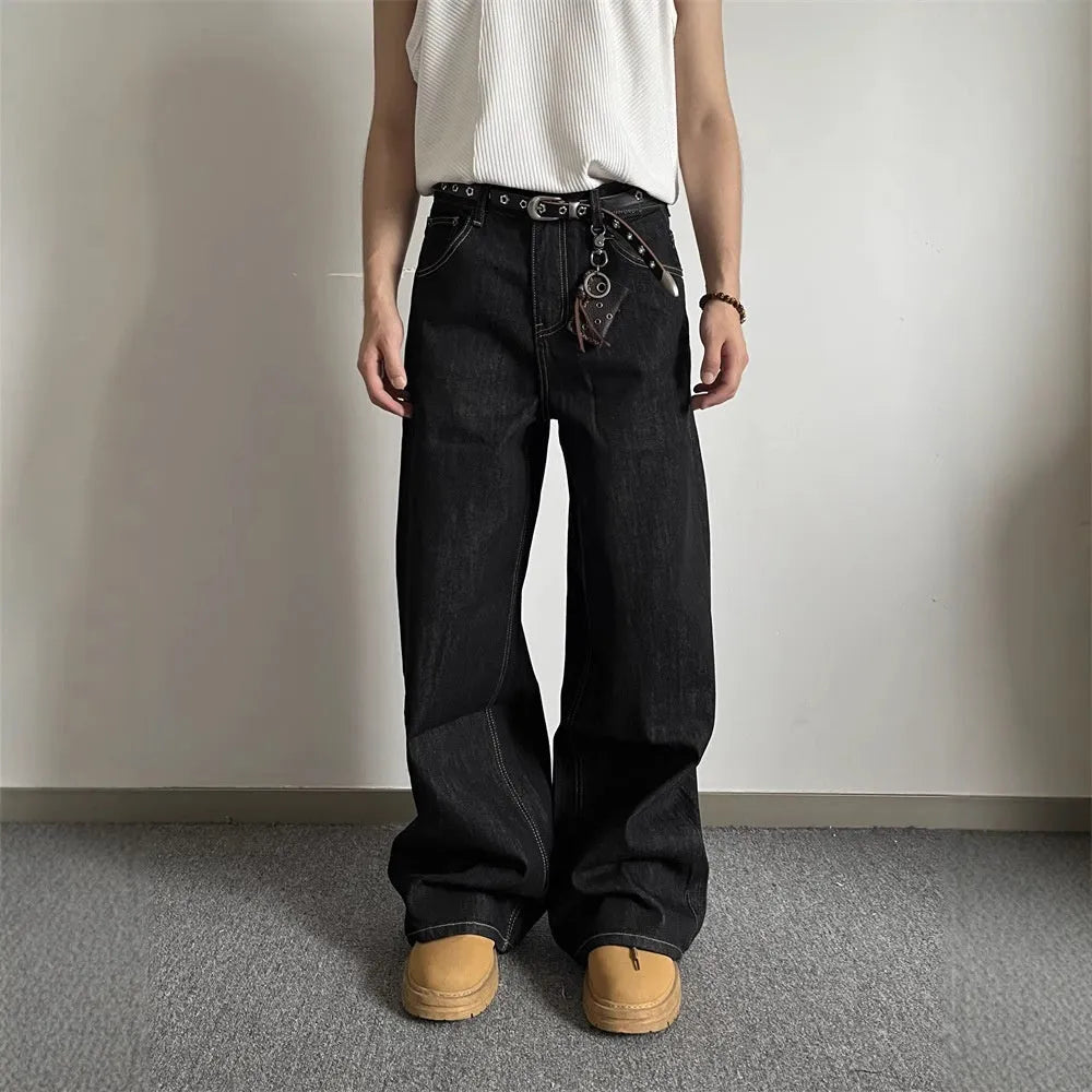 Black retro wide-leg straight jeans for men and women on a hanger.