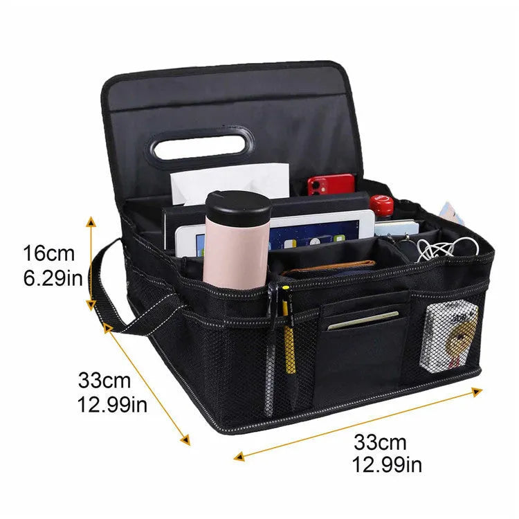 Black Oxford cloth car trunk storage box with dimensions 33cm by 33cm by 16cm