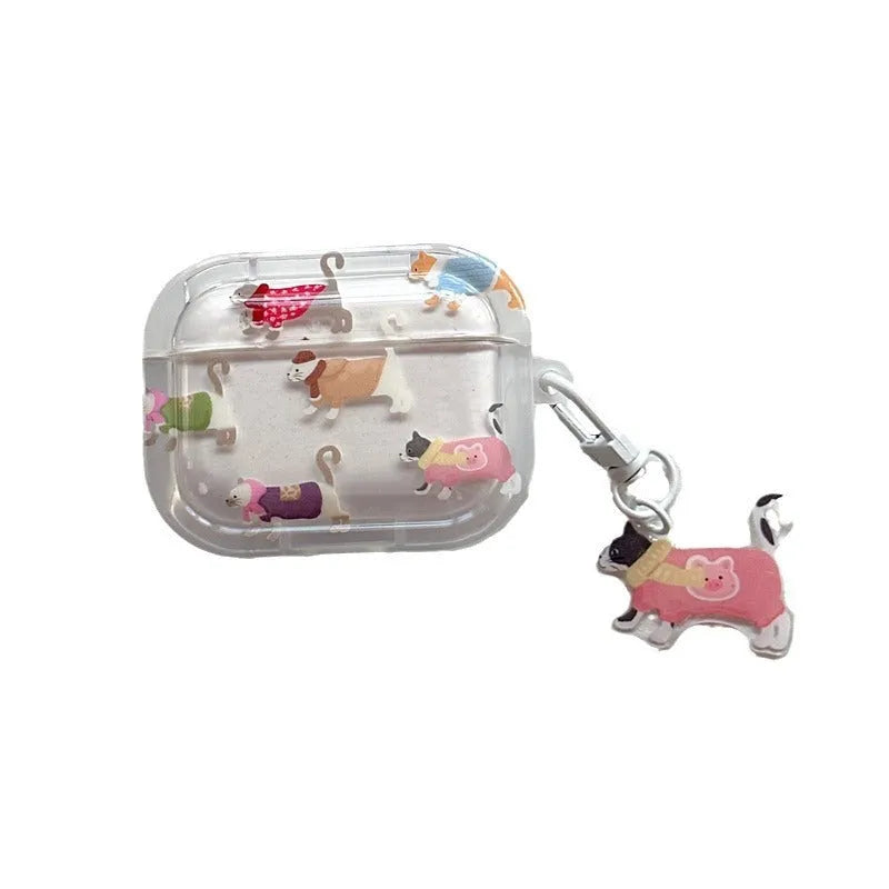 Gradient sausage dog TPU soft shell earphone protective case for AirPods with embossed cartoon design and pendant loop