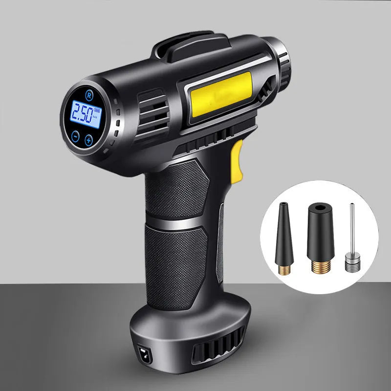 Wireless digital display car tyre inflator with USB charging cable and three air nozzles