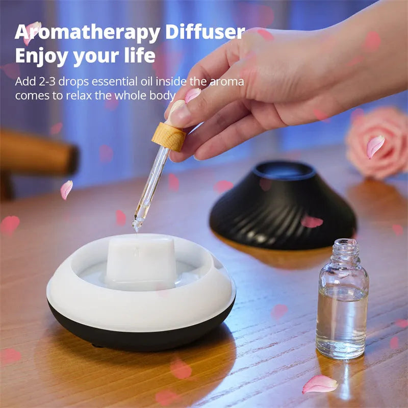 Volcanic flame aroma diffuser with LED lights and water mist emission