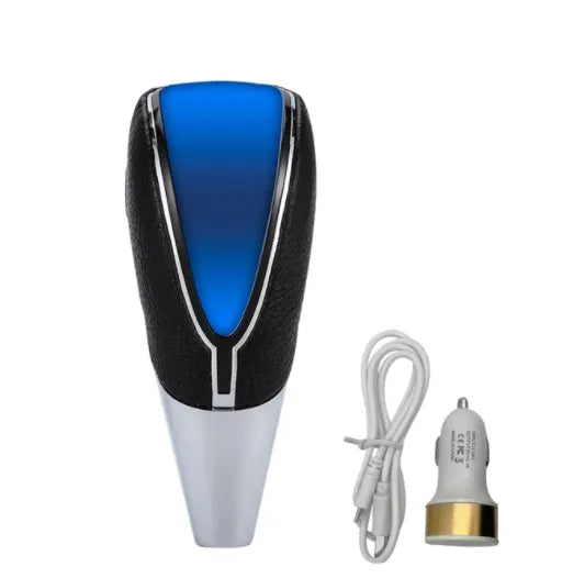 Car shift lever modification accessory with LED light head in edge light style showing blue illumination