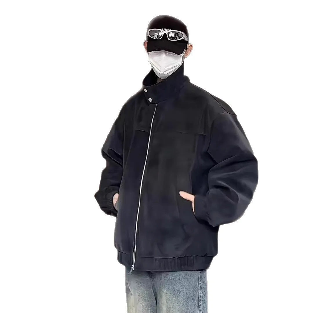 Grey tie-dye pattern on a men's PU leather jacket with stand collar and side pockets