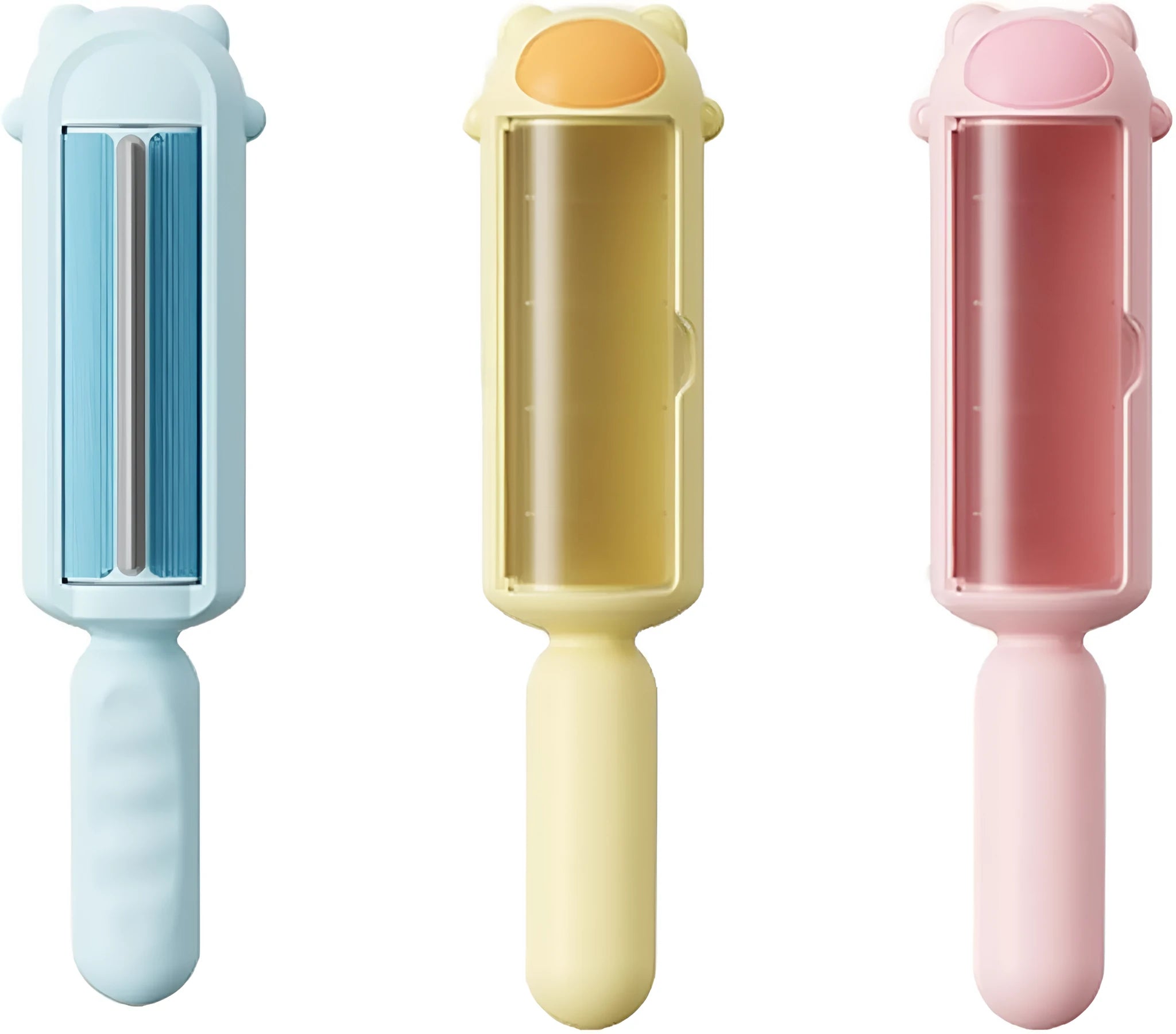 Blue reusable pet hair remover with self-cleaning base on a carpet.