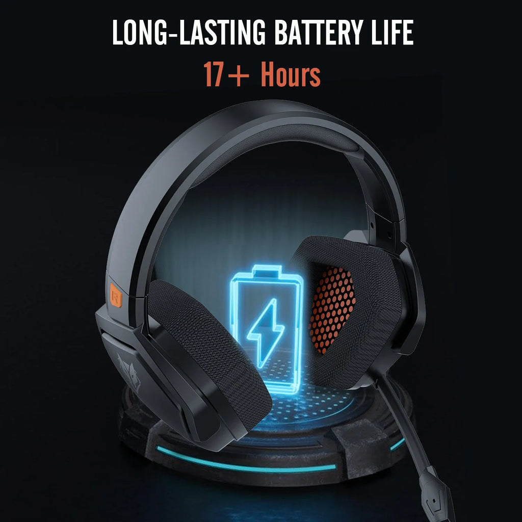 Black orange wireless gaming headset with hybrid 2.4GHz and Bluetooth connectivity and head-mounted design