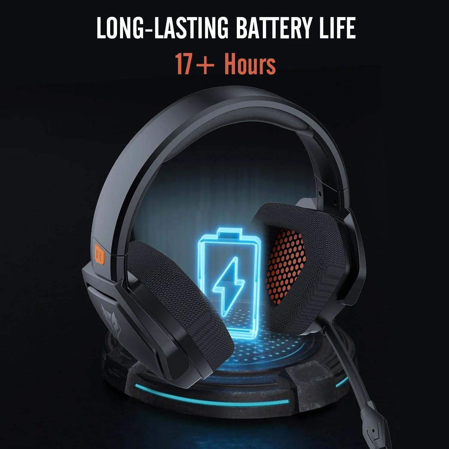 Black orange wireless gaming headset with hybrid 2.4GHz and Bluetooth connectivity and head-mounted design