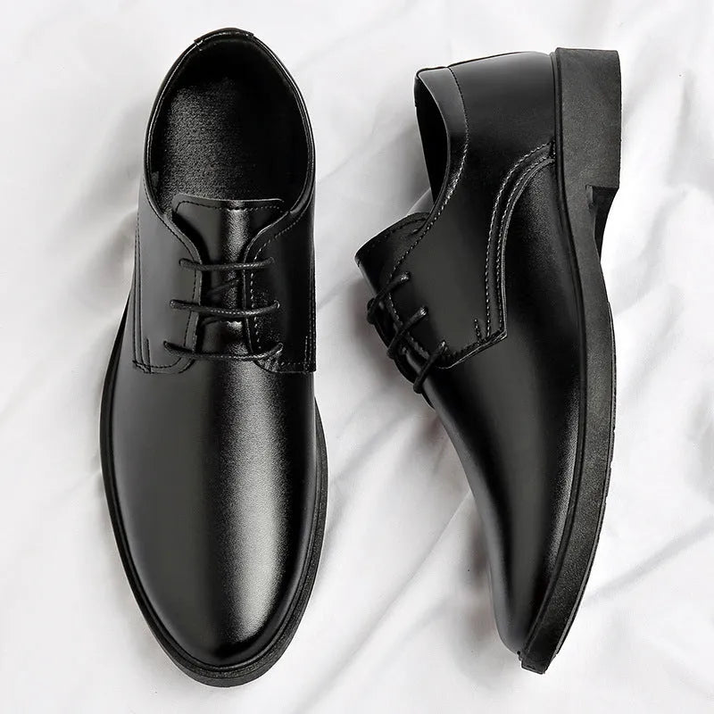 Men's black British style casual formal leather shoes with PU upper and PVC sole, low top, sizes 39 to 47