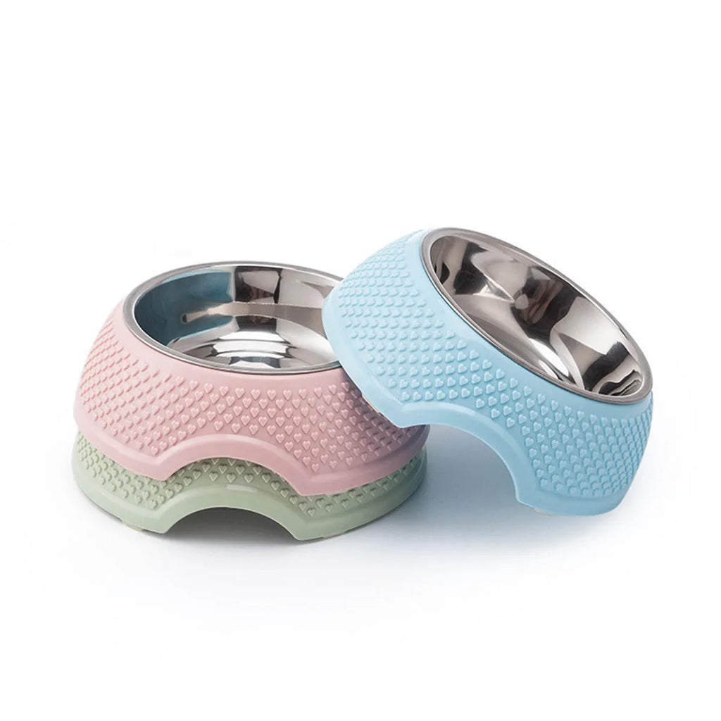 Stainless steel pet bowl with non-slip base in blue green pink colour options