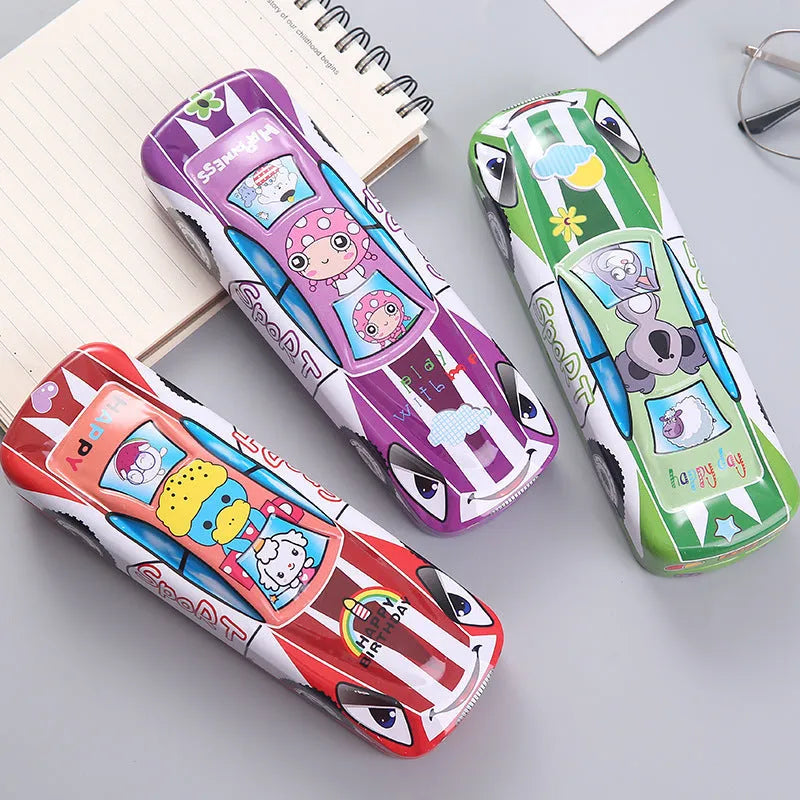 Cartoon pattern racing car shape metal tinplate pencil case with double-layer design