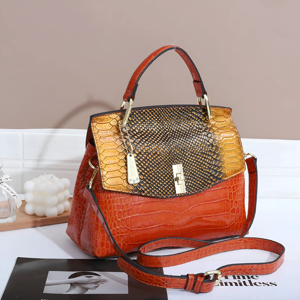 Green snake pattern women's crossbody handbag with crocodile texture and organised compartments