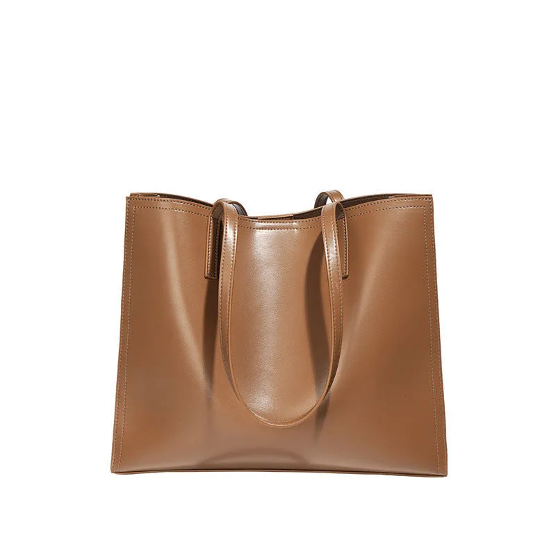 Brown genuine leather women's one-shoulder handbag with horizontal square shape