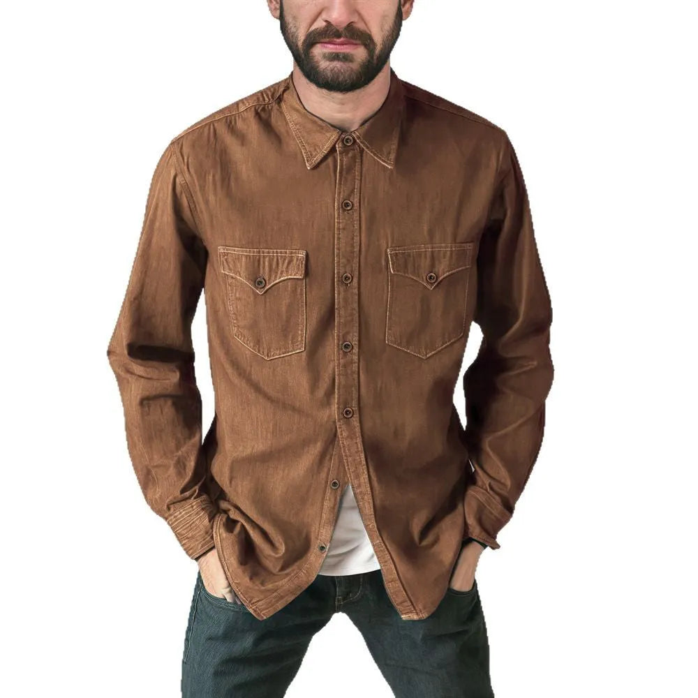 A man's regular fit denim cardigan coat in a khaki colour, shown on a hanger.
