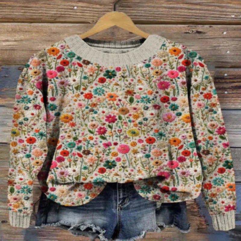 Women's floral print round neck polyester sweater shown in multiple colour options