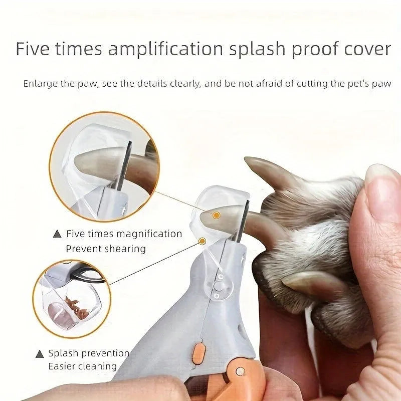 Yellow LED pet nail trimmer with magnifying glass, lights, and nail catcher for cats and dogs.