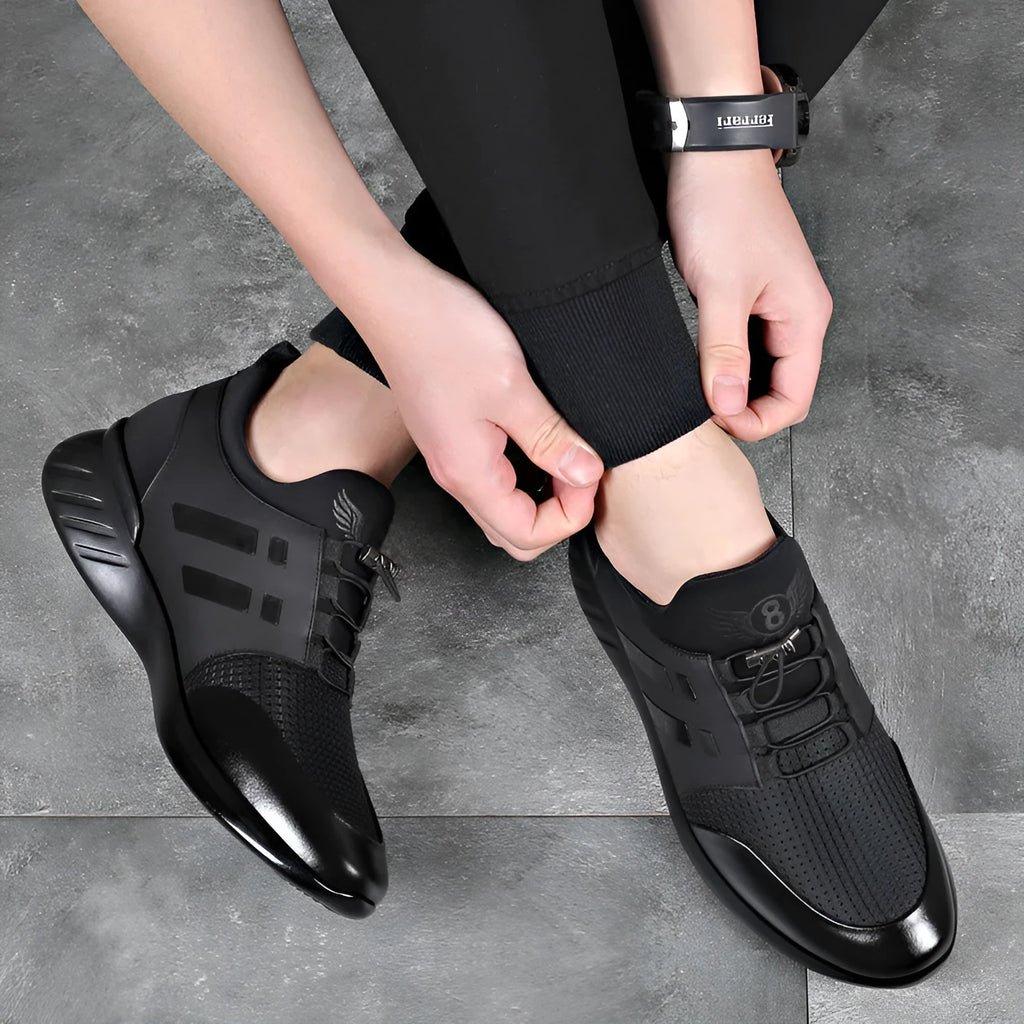 Men's black casual shoes with invisible height increase, available in leather, Lycra, or mesh.