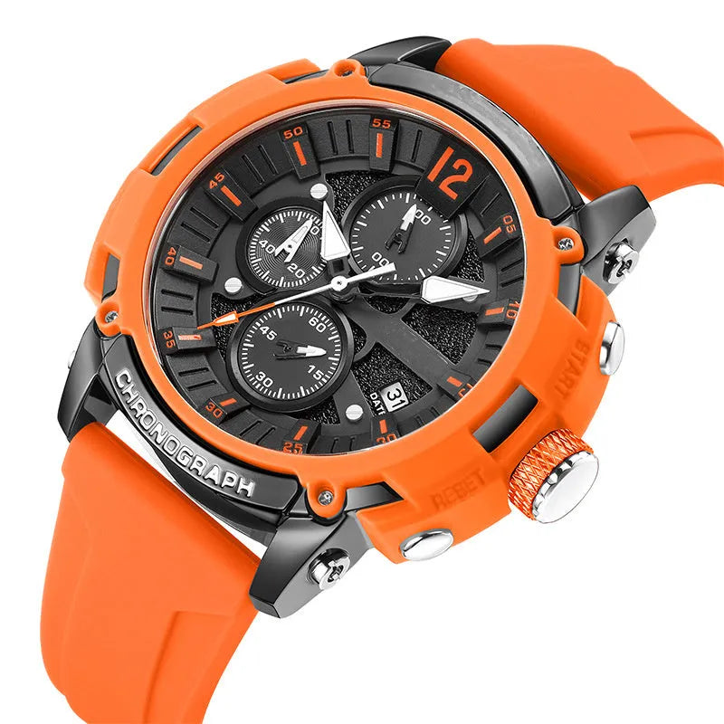 Men's black luminous dial watch with calendar display and stainless steel case.