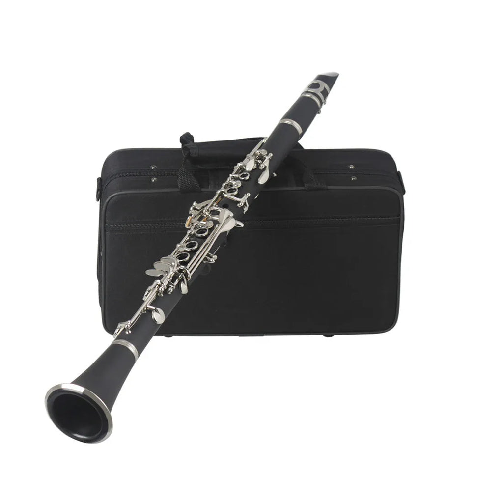 Black bakelite clarinet with nickel-plated keys and included carry bag