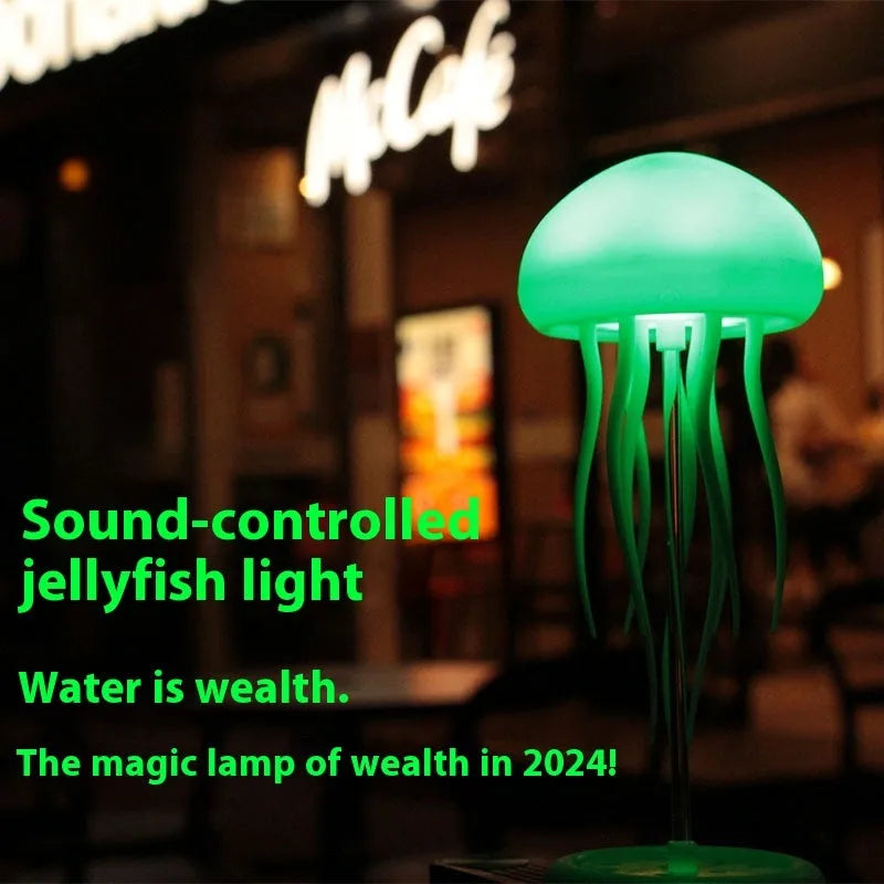 Jellyfish-shaped LED mood lamp with adjustable tentacles and colour-changing bubble effects