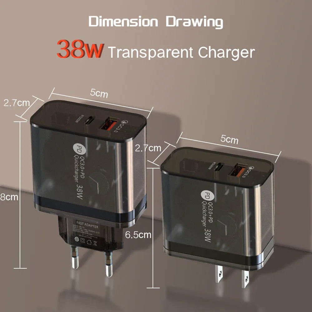 38W transparent plastic case Type-C charging adapter with EU round plug feet