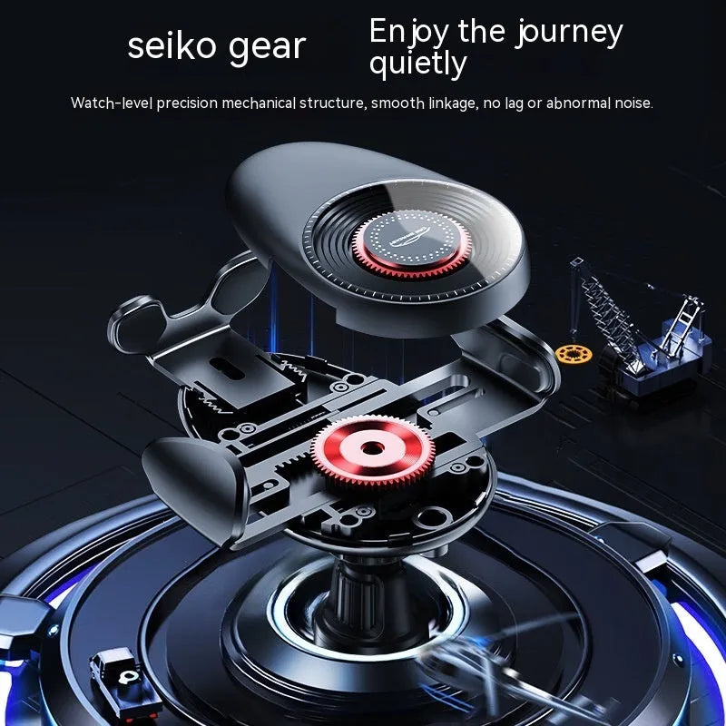 Black universal car phone bracket with mechanical support frame for dashboard or air vent mounting