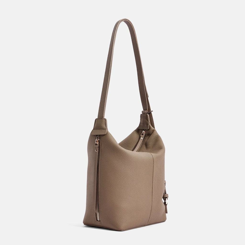 Women's soft genuine leather large bucket bag in elephant grey colour showing bucket silhouette and shoulder strap