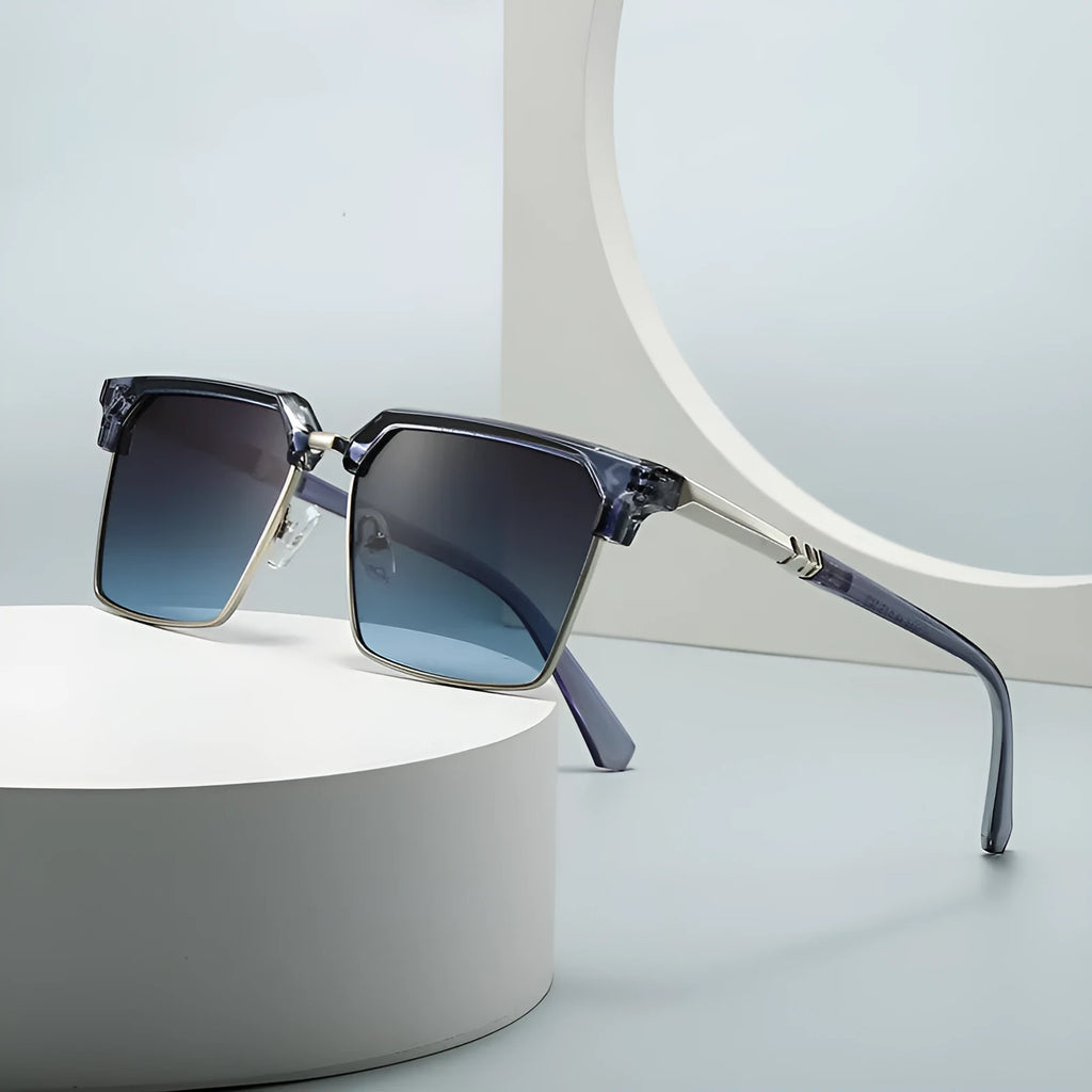 Men's square sunglasses in a plastic frame, shown in multiple colour options including black silver black gray and dried tea.