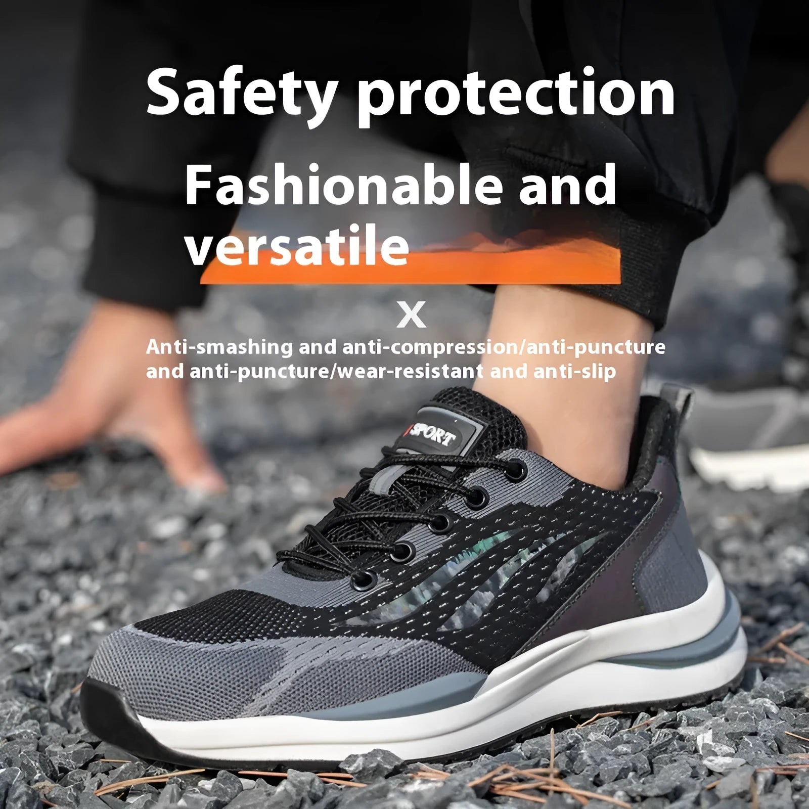 Men's black grey electrician safety shoes with plastic toe cap and lace-up closure