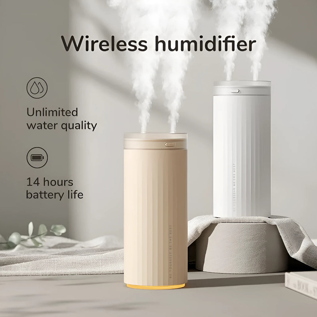 500ml desk humidifier with night light, two fog outlets, USB and car power, in Earth Brown, Coral Pink, or White.