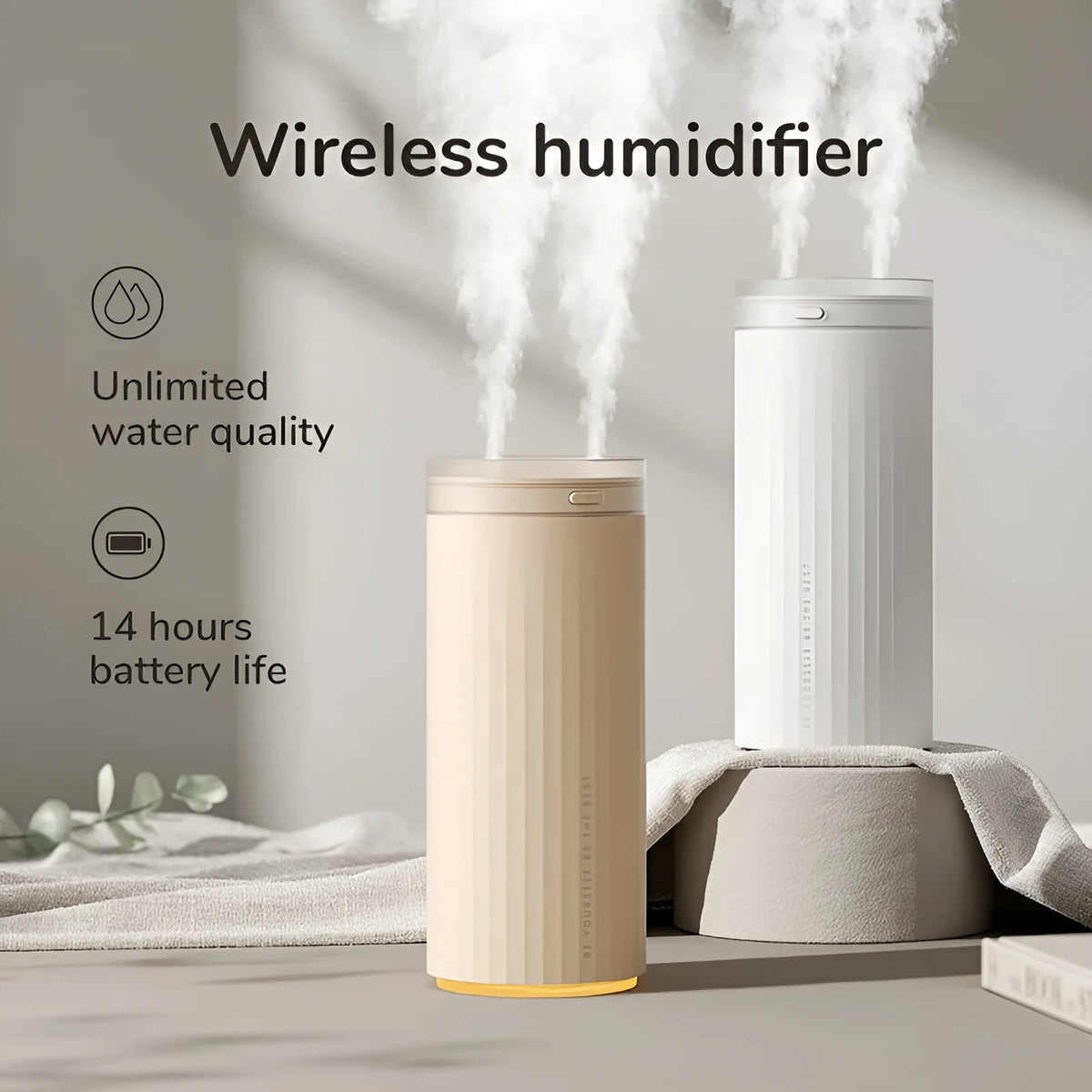 500ml desk humidifier with night light, two fog outlets, USB and car power, in Earth Brown, Coral Pink, or White.