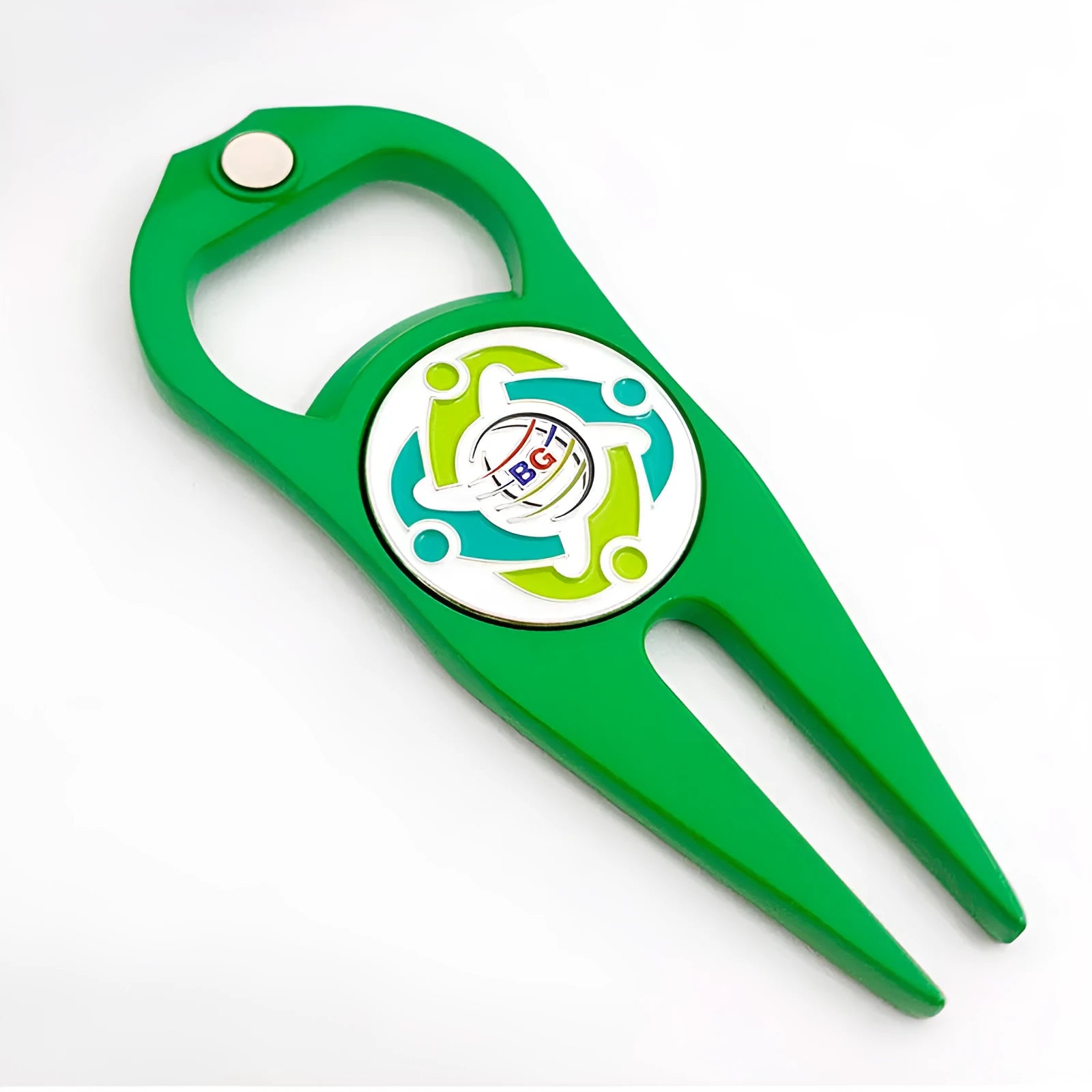 Zinc alloy metal golf ball fork and bottle opener tool in black, green, and silver colour options.