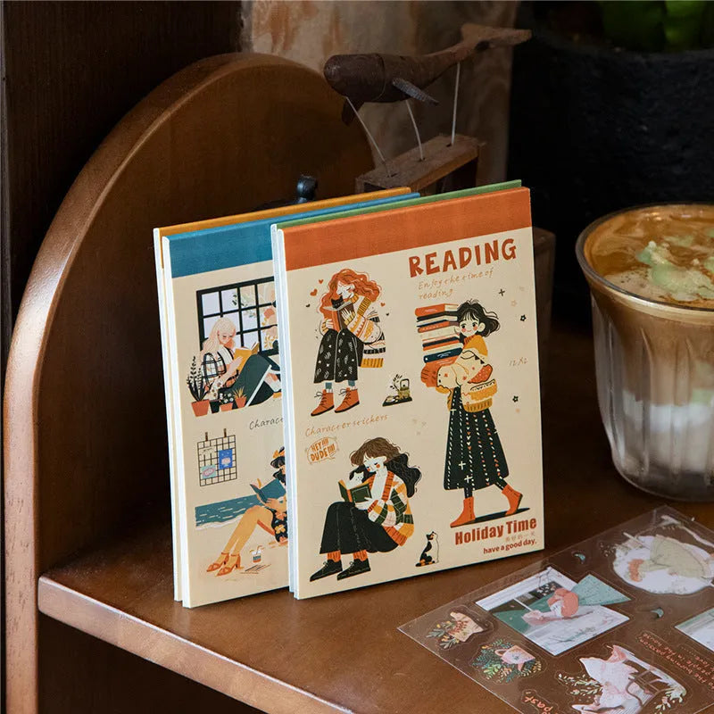 Double material retro sticker book with character and landscape printed motifs in quiet reading time style