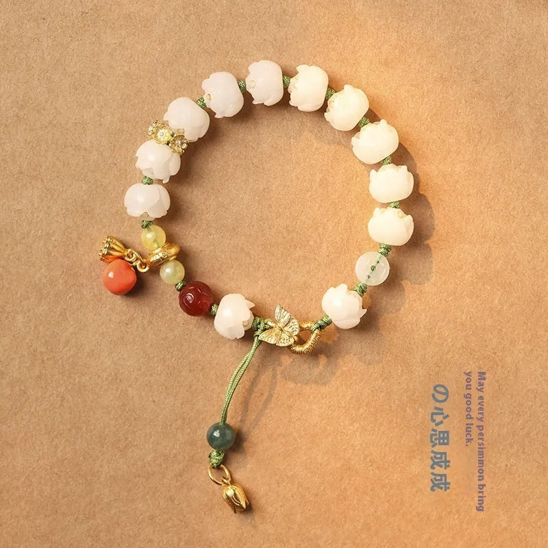 White jade Bodhi bracelet with lotus beads, pumpkin beads, and adjustable open rope design