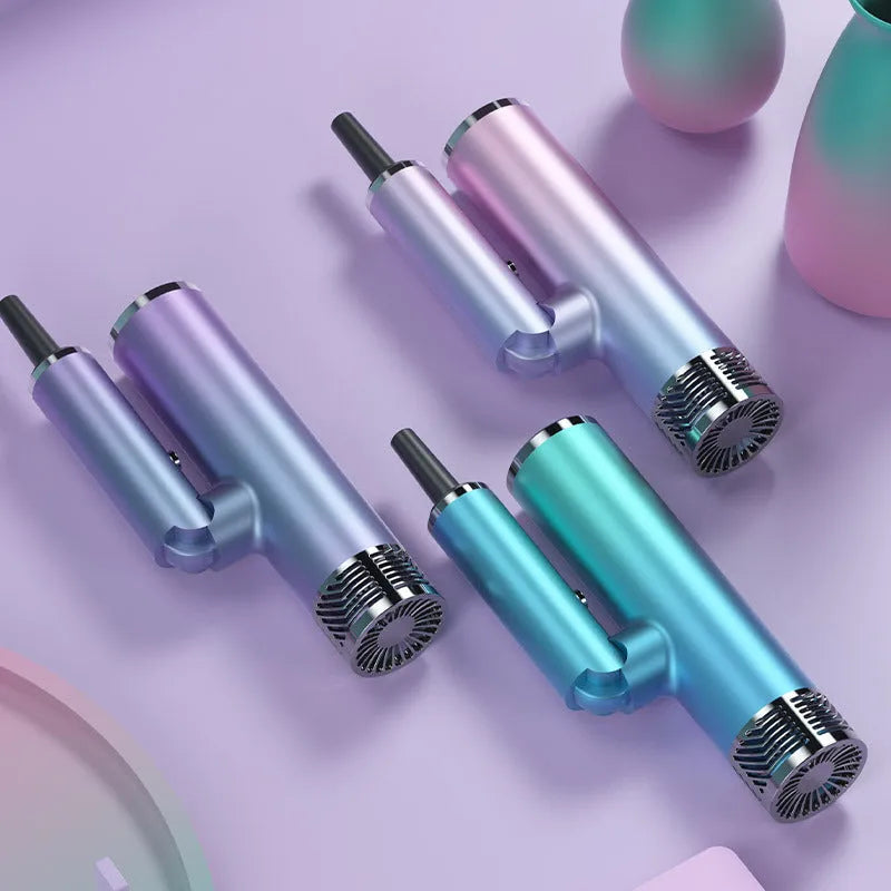 Green and purple foldable hair dryer with compact travel design.