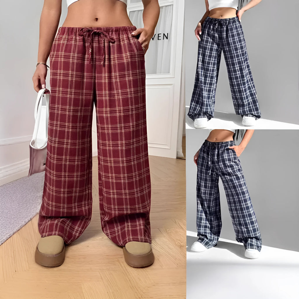 Women's plaid pattern casual trousers with loose fit, drawstring waist, and functional pockets