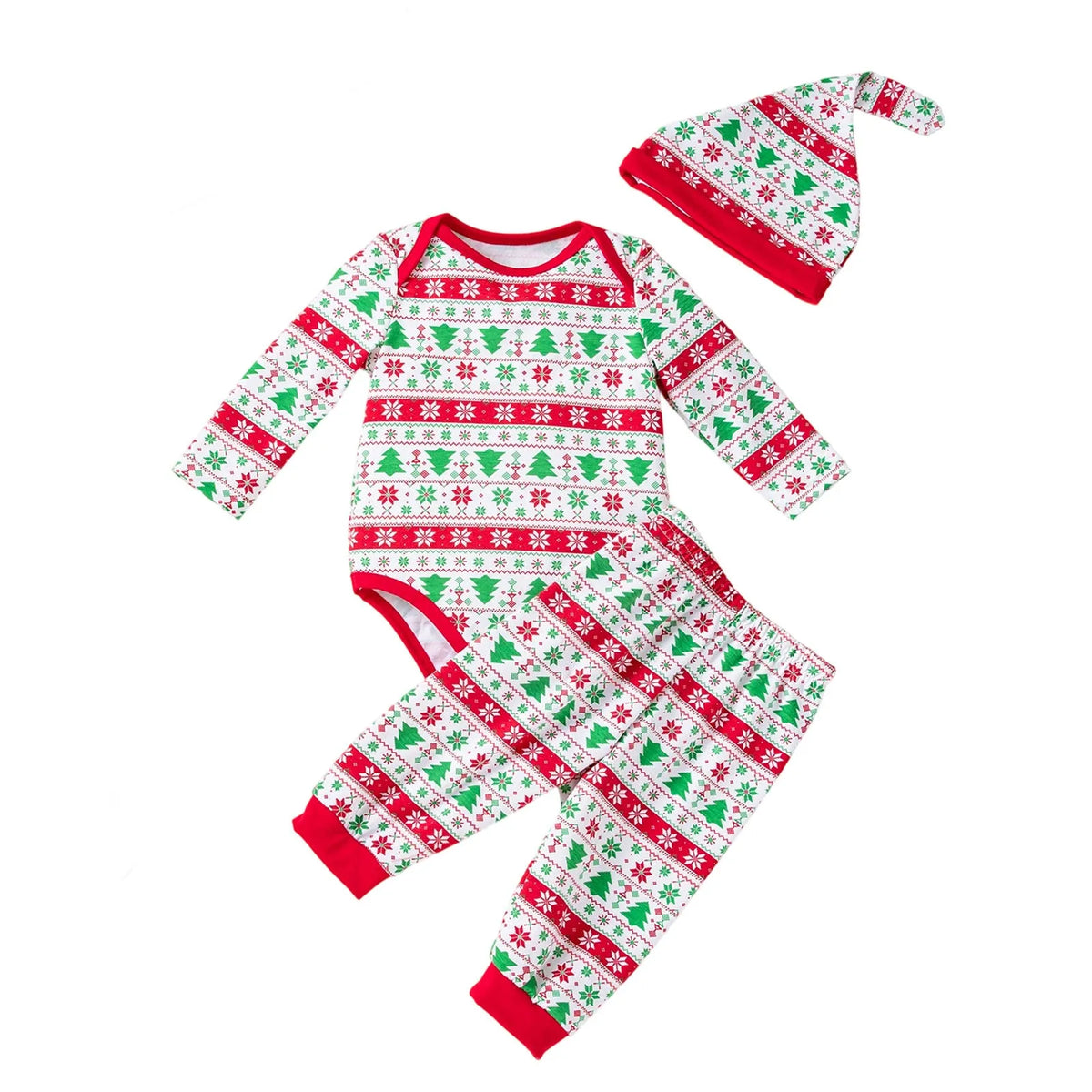 Three-piece Christmas tree print baby outfit with long-sleeve bodysuit, pants, and hat in cotton blend