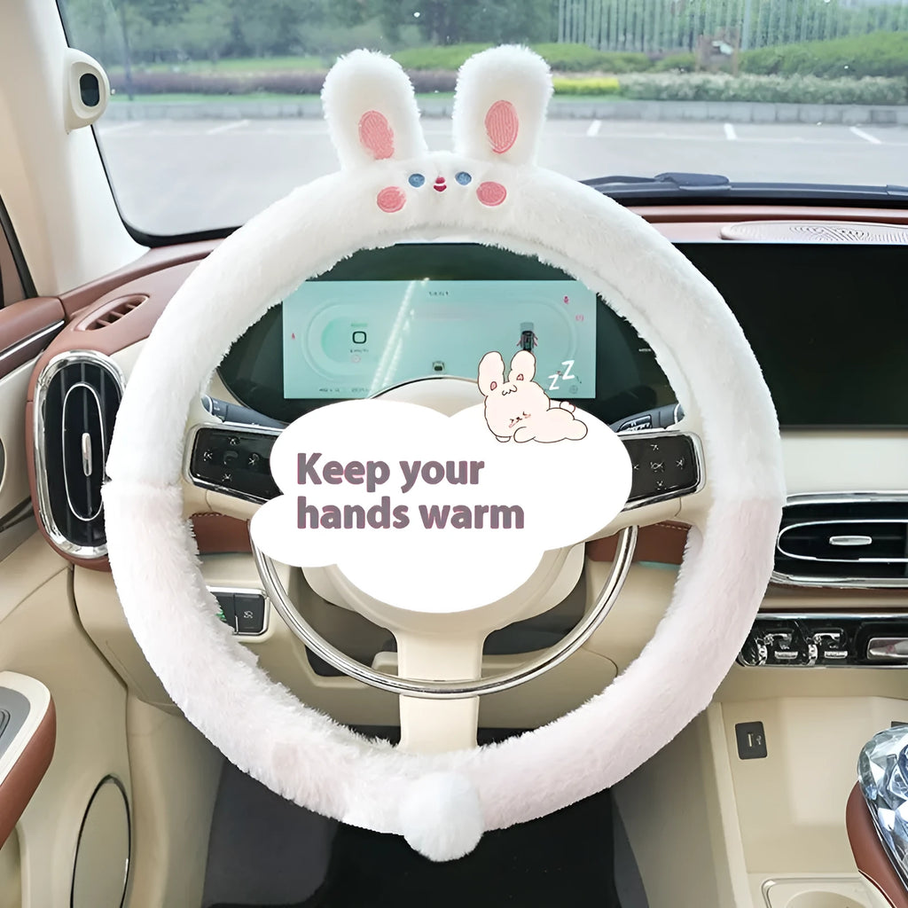 Plush cartoon animal steering wheel cover in rabbit fur fleece for winter, shown on a 38cm car steering wheel.