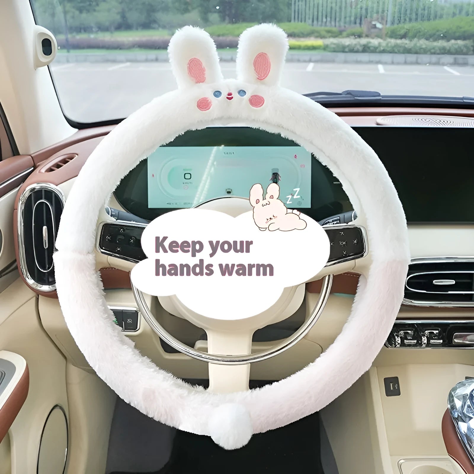 Plush cartoon animal steering wheel cover in rabbit fur fleece for winter, shown on a 38cm car steering wheel.