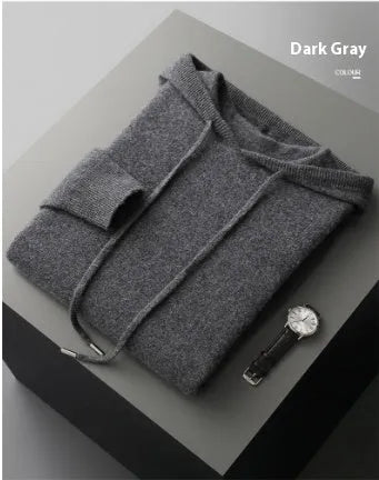 Men's light gray cashmere hooded knitted sweatshirt and matching long pants set for winter leisure wear