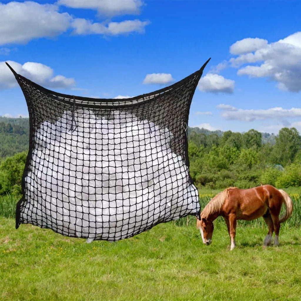 Woven polyethylene rope horse feeding bag with grid design in black colour
