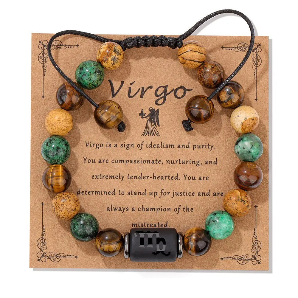 12 constellation woven men's retro natural stone bracelet with agate beads, 19cm length, unisex zodiac design