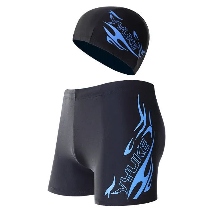 Men's plus size blue fire pattern swimming trunks and cap on a black background.