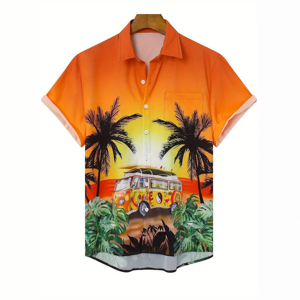 Men's 3D printed floral short sleeve shirt in loose cardigan style with elastic polyester fabric