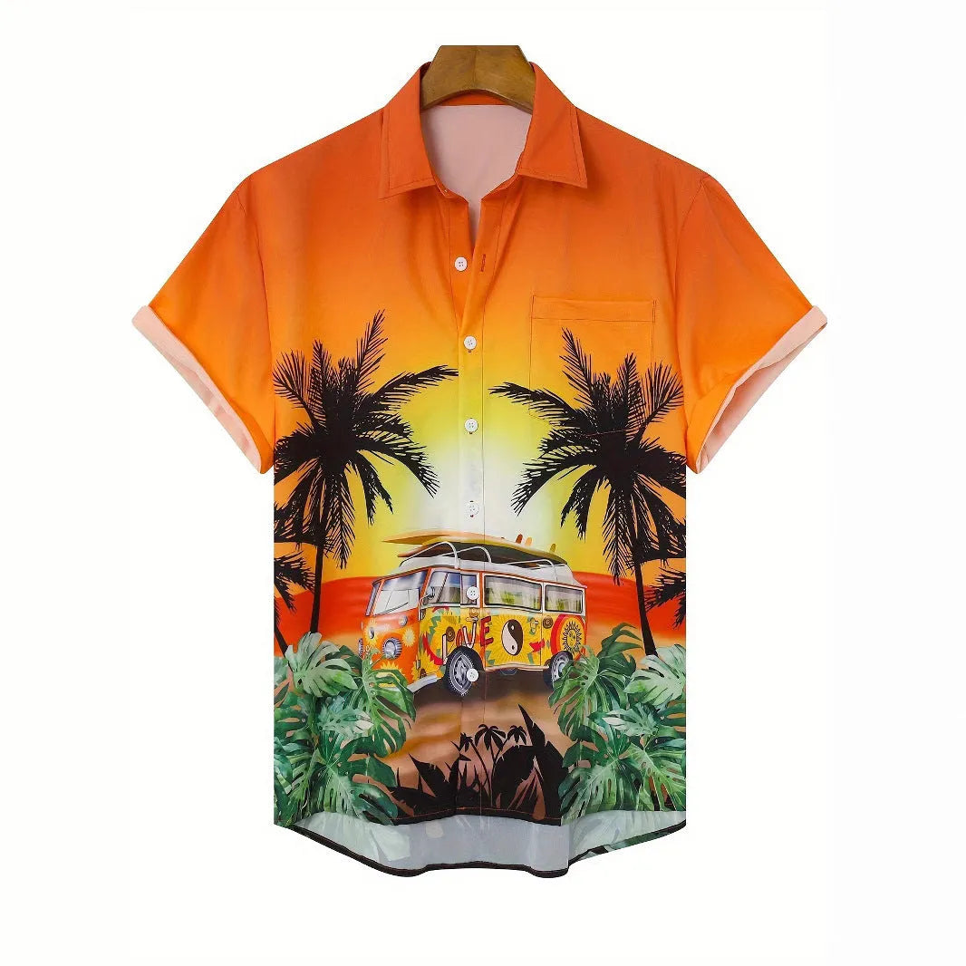 Men's 3D printed floral short sleeve shirt in loose cardigan style with elastic polyester fabric