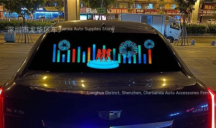 Long rectangular car rhythm lamp with electroluminescent panel showing colourful music-reactive light patterns